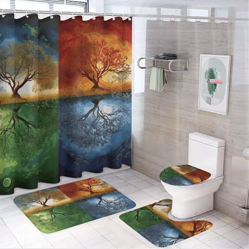 NKJJSTES Duschvorhang-Set mit Duschvorhang und Teppichen und rutschfester U-förmiger Matte, 4-Jahreszeiten-Baum-des-Lebens-WC-Deckelbezug für Badezimmer von NKJJSTES