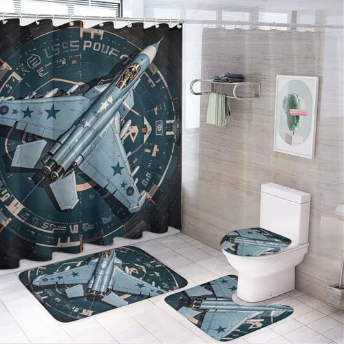 NKJJSTES Duschvorhang-Set mit Duschvorhang und Teppichen und rutschfester U-förmiger Matte, Air Force Fighter Jet, WC-Deckelbezug für Badezimmer von NKJJSTES
