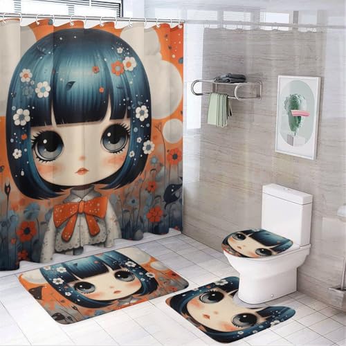 NKJJSTES Duschvorhang-Set mit Duschvorhang und Teppichen und rutschfester U-förmiger Matte, Anime-Bilder, WC-Deckelbezug für Badezimmer von NKJJSTES