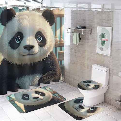 NKJJSTES Duschvorhang-Set mit Duschvorhang und Teppichen und rutschfester U-förmiger Matte, Anime-Panda-Gesicht, WC-Deckelbezug für Badezimmer von NKJJSTES