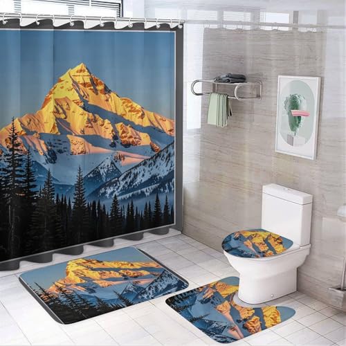 NKJJSTES Duschvorhang-Set mit Duschvorhang und Teppichen und rutschfester U-förmiger Matte, Bergkieferbaum-Druck, WC-Deckelbezug für Badezimmer von NKJJSTES