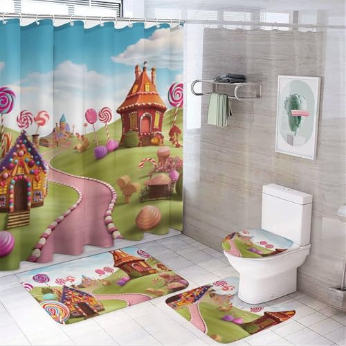 NKJJSTES Duschvorhang-Set mit Duschvorhang und Teppichen und rutschfester U-förmiger Matte, Candy Land WC-Deckelbezug für Badezimmer NKJJSTES Duschvorhang-Set mit Duschvorhang und Teppichen und rutschfester U-förmiger Matte, Candy Land WC-Deckelbezug für Badezimmer von NKJJSTES
