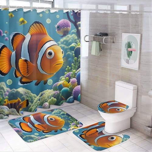 NKJJSTES Duschvorhang-Set mit Duschvorhang und Teppichen und rutschfester U-förmiger Matte, Cartoon-Clownfisch, WC-Deckelbezug für Badezimmer von NKJJSTES