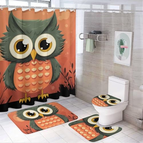NKJJSTES Duschvorhang-Set mit Duschvorhang und Teppichen und rutschfester U-förmiger Matte, Cartoon-Eule auf orangefarbenem Hintergrund, WC-Deckelbezug für Badezimmer von NKJJSTES