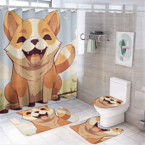 NKJJSTES Duschvorhang-Set mit Duschvorhang und Teppichen und rutschfester U-förmiger Matte, Cartoon-Shiba-Inu-Hunde-WC-Deckelbezug für Badezimmer von NKJJSTES