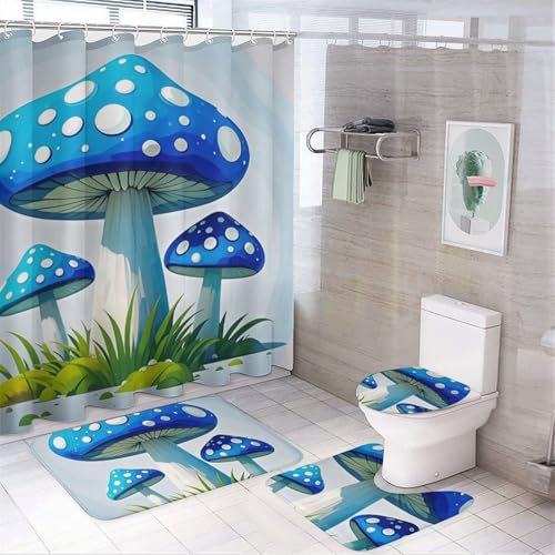 NKJJSTES Duschvorhang-Set mit Duschvorhang und Teppichen und rutschfester U-förmiger Matte, Cartoon-blauer Pilz-WC-Deckelbezug für Badezimmer von NKJJSTES