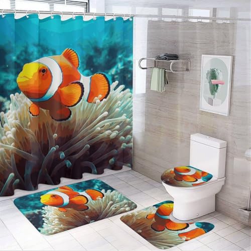 NKJJSTES Duschvorhang-Set mit Duschvorhang und Teppichen und rutschfester U-förmiger Matte, Clownfisch, WC-Deckelbezug für Badezimmer von NKJJSTES