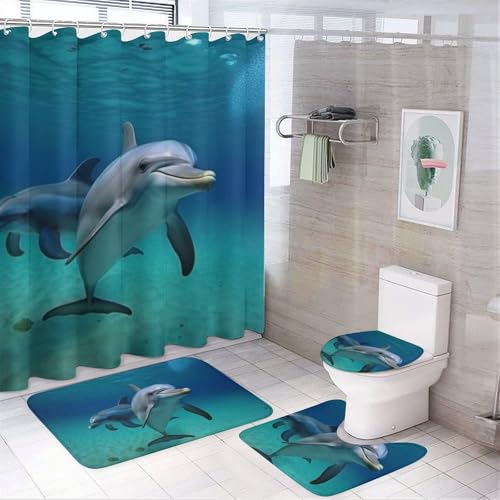 NKJJSTES Duschvorhang-Set mit Duschvorhang und Teppichen und rutschfester U-förmiger Matte, Delfine, Unterwasser-WC-Deckelbezug für Badezimmer von NKJJSTES