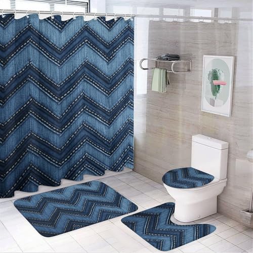 NKJJSTES Duschvorhang-Set mit Duschvorhang und Teppichen und rutschfester U-förmiger Matte, Farbverlauf, blauer Denim-WC-Deckelbezug für Badezimmer NKJJSTES Duschvorhang-Set mit Duschvorhang und Teppichen und rutschfester U-förmiger Matte, Farbverlauf, blauer Denim-WC-Deckelbezug für Badezimmer von NKJJSTES