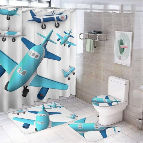 NKJJSTES Duschvorhang-Set mit Duschvorhang und Teppichen und rutschfester U-förmiger Matte, Flugzeug-WC-Deckelbezug für Badezimmer von NKJJSTES