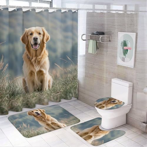 NKJJSTES Duschvorhang-Set mit Duschvorhang und Teppichen und rutschfester U-förmiger Matte, Golden Retriever, Hunde-WC-Deckelbezug für Badezimmer von NKJJSTES