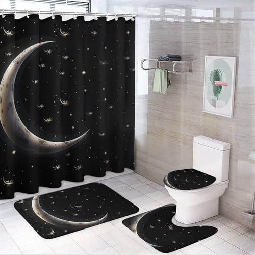 NKJJSTES Duschvorhang-Set mit Duschvorhang und Teppichen und rutschfester U-förmiger Matte, Halbmond auf schwarzem Hintergrund, WC-Deckelbezug für Badezimmer von NKJJSTES