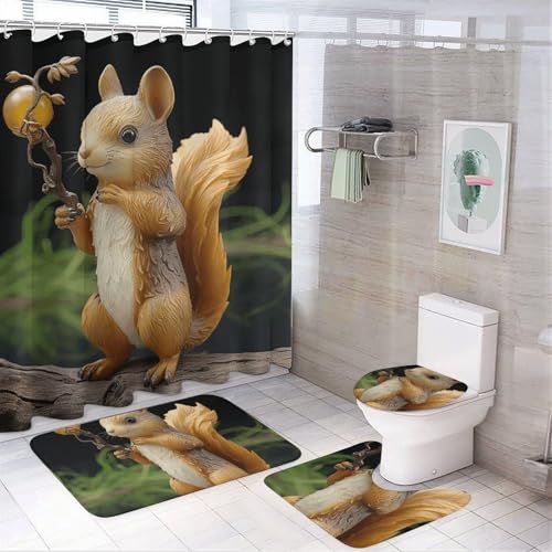 NKJJSTES Duschvorhang-Set mit Duschvorhang und Teppichen und rutschfester U-förmiger Matte, Harz, Eichhörnchen, WC-Deckelbezug für Badezimmer von NKJJSTES