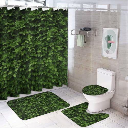 NKJJSTES Duschvorhang-Set mit Duschvorhang und Teppichen und rutschfester U-förmiger Matte, Hecke, WC-Deckelbezug für Badezimmer von NKJJSTES
