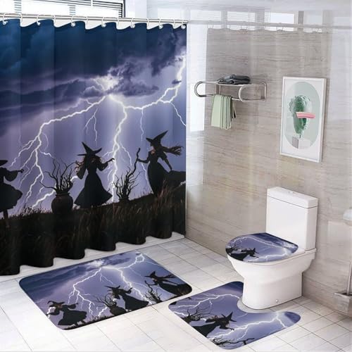 NKJJSTES Duschvorhang-Set mit Duschvorhang und Teppichen und rutschfester U-förmiger Matte, Hexe gebetet, WC-Deckelbezug für Badezimmer von NKJJSTES