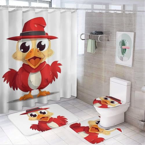 NKJJSTES Duschvorhang-Set mit Duschvorhang und Teppichen und rutschfester U-förmiger Matte, Huhn, WC-Deckelbezug, Matte für Badezimmer von NKJJSTES