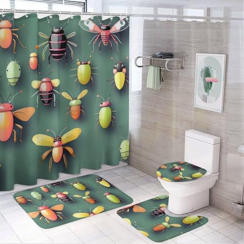 NKJJSTES Duschvorhang-Set mit Duschvorhang und Teppichen und rutschfester U-förmiger Matte, Insekten-Atlas-WC-Deckelbezug für Badezimmer von NKJJSTES