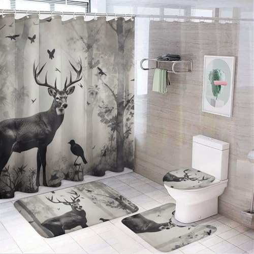 NKJJSTES Duschvorhang-Set mit Duschvorhang und Teppichen und rutschfester U-förmiger Matte, Jagd-Silhouette von Hirsch, WC-Deckelbezug für Badezimmer von NKJJSTES