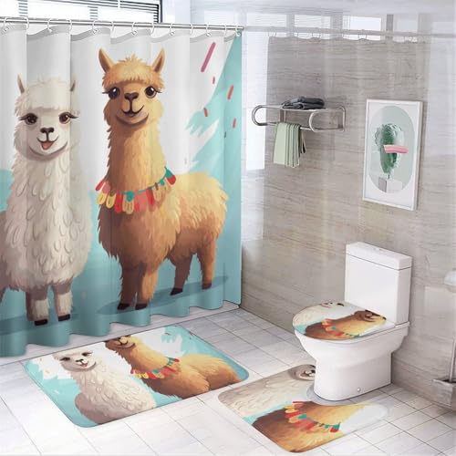 NKJJSTES Duschvorhang-Set mit Duschvorhang und Teppichen und rutschfester U-förmiger Matte, Lama, Alpaka, WC-Deckelbezug für Badezimmer von NKJJSTES
