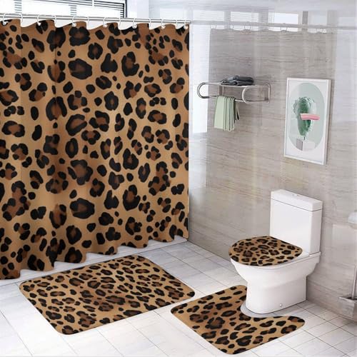 NKJJSTES Duschvorhang-Set mit Duschvorhang und Teppichen und rutschfester U-förmiger Matte, Leopardenmuster, WC-Deckelbezug für Badezimmer von NKJJSTES
