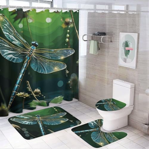 NKJJSTES Duschvorhang-Set mit Duschvorhang und Teppichen und rutschfester U-förmiger Matte, Libellen-Grün, WC-Deckelbezug für Badezimmer von NKJJSTES
