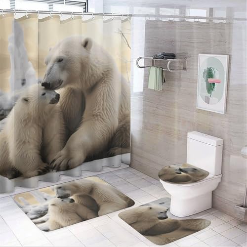 NKJJSTES Duschvorhang-Set mit Duschvorhang und Teppichen und rutschfester U-förmiger Matte, Motiv: Eisbär, Liebe, WC-Deckelbezug für Badezimmer von NKJJSTES