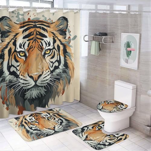 NKJJSTES Duschvorhang-Set mit Duschvorhang und Teppichen und rutschfester U-förmiger Matte, Motiv: Jahr des Tigers, WC-Deckelbezug für Badezimmer von NKJJSTES