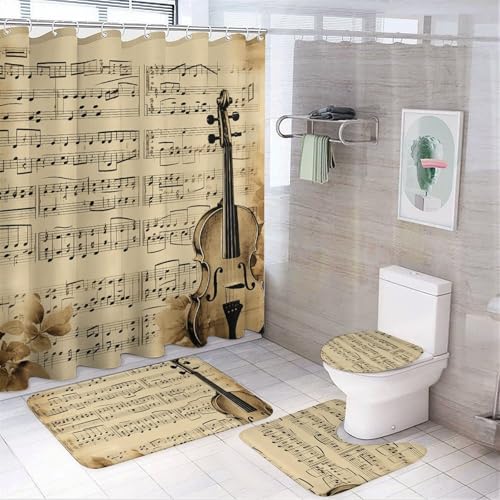 NKJJSTES Duschvorhang-Set mit Duschvorhang und Teppichen und rutschfester U-förmiger Matte, Musiknoten, WC-Deckelbezug für Badezimmer von NKJJSTES