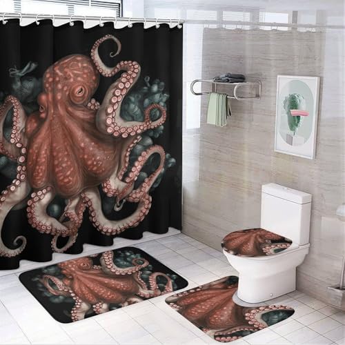 NKJJSTES Duschvorhang-Set mit Duschvorhang und Teppichen und rutschfester U-förmiger Matte, Oktopus, verflochtener WC-Deckelbezug für Badezimmer von NKJJSTES