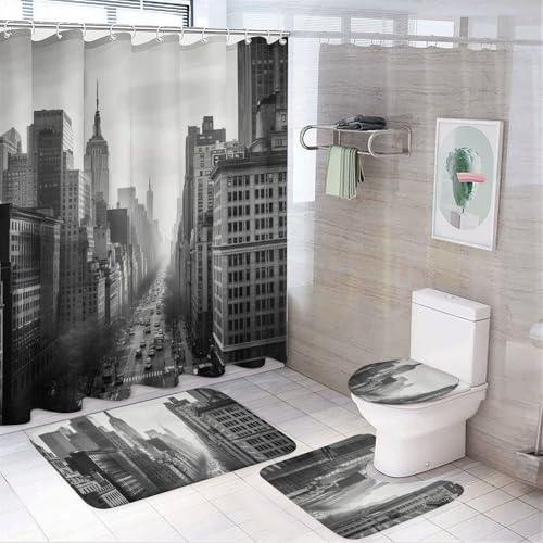 NKJJSTES Duschvorhang-Set mit Duschvorhang und Teppichen und rutschfester U-förmiger Matte, Schwarz und Weiß, New York WC-Deckelbezug für Badezimmer von NKJJSTES