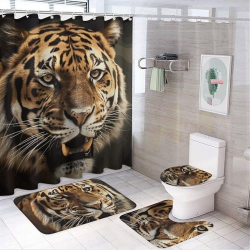 NKJJSTES Duschvorhang-Set mit Duschvorhang und Teppichen und rutschfester U-förmiger Matte, Tiger-WC-Deckelbezug für Badezimmer NKJJSTES Duschvorhang-Set mit Duschvorhang und Teppichen und rutschfester U-förmiger Matte, Tiger-WC-Deckelbezug für Badezimmer von NKJJSTES