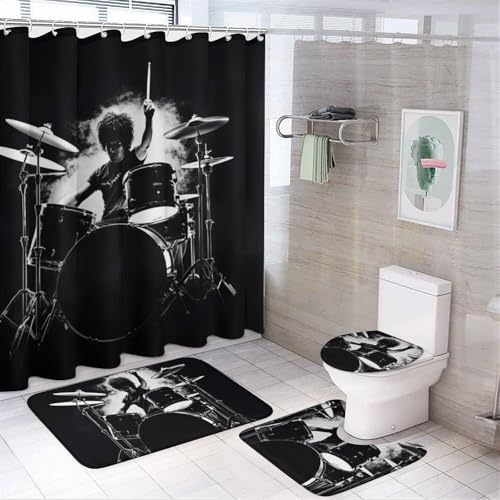 NKJJSTES Duschvorhang-Set mit Duschvorhang und Teppichen und rutschfester U-förmiger Matte, Trommler, WC-Deckelbezug für Badezimmer von NKJJSTES