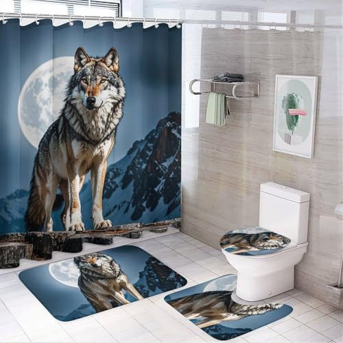 NKJJSTES Duschvorhang-Set mit Duschvorhang und Teppichen und rutschfester U-förmiger Matte, WC-Deckelbezug für Badezimmer von NKJJSTES
