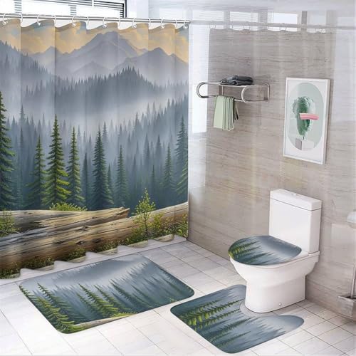 NKJJSTES Duschvorhang-Set mit Duschvorhang und Teppichen und rutschfester U-förmiger Matte, Wushan-Kiefernbaum-WC-Deckelbezug für Badezimmer NKJJSTES Duschvorhang-Set mit Duschvorhang und Teppichen und rutschfester U-förmiger Matte, Wushan-Kiefernbaum-WC-Deckelbezug für Badezimmer von NKJJSTES