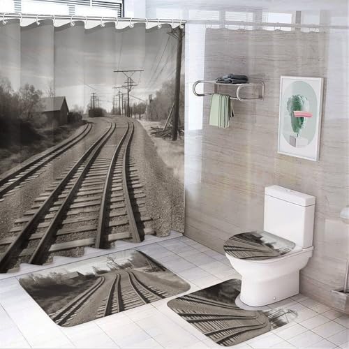 NKJJSTES Duschvorhang-Set mit Duschvorhang und Teppichen und rutschfester U-förmiger Matte, Zugschiene, WC-Deckelbezug für Badezimmer von NKJJSTES