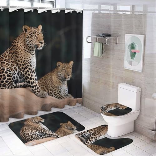 NKJJSTES Duschvorhang-Set mit Duschvorhang und Teppichen und rutschfester U-förmiger Matte, afrikanischer Leopard auf Felsen, WC-Deckelbezug für Badezimmer von NKJJSTES