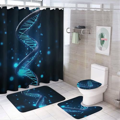 NKJJSTES Duschvorhang-Set mit Duschvorhang und Teppichen und rutschfester U-förmiger Matte, blaue DNA-Struktur, WC-Deckelbezug für Badezimmer von NKJJSTES