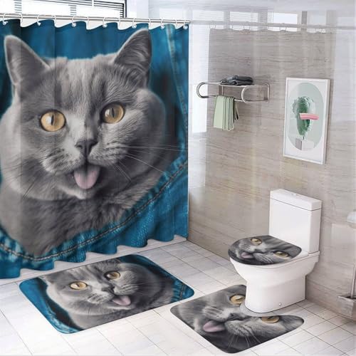 NKJJSTES Duschvorhang-Set mit Duschvorhang und Teppichen und rutschfester U-förmiger Matte, blaue Katze, WC-Deckelbezug für Badezimmer von NKJJSTES