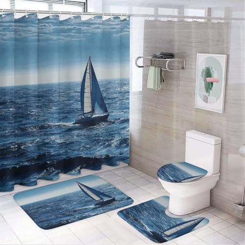 NKJJSTES Duschvorhang-Set mit Duschvorhang und Teppichen und rutschfester U-förmiger Matte, blaues Seesegelboot, WC-Deckelbezug für Badezimmer NKJJSTES Duschvorhang-Set mit Duschvorhang und Teppichen und rutschfester U-förmiger Matte, blaues Seesegelboot, WC-Deckelbezug für Badezimmer von NKJJSTES