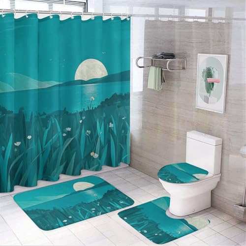 NKJJSTES Duschvorhang-Set mit Duschvorhang und Teppichen und rutschfester U-förmiger Matte, blaugrün, WC-Deckelbezug für Badezimmer von NKJJSTES