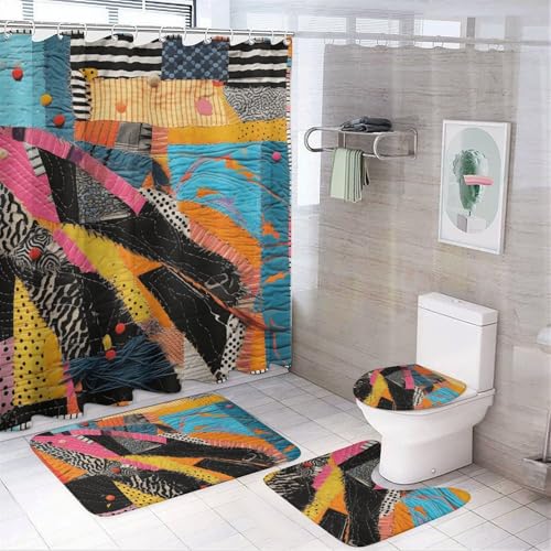 NKJJSTES Duschvorhang-Set mit Duschvorhang und Teppichen und rutschfester U-förmiger Matte, bunte Steppdecke, WC-Deckelbezug für Badezimmer von NKJJSTES