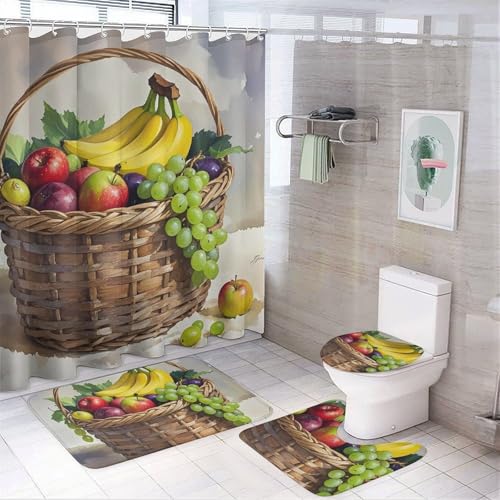 NKJJSTES Duschvorhang-Set mit Duschvorhang und Teppichen und rutschfester U-förmiger Matte, frisches Obst im Korb, WC-Deckelbezug für Badezimmer von NKJJSTES