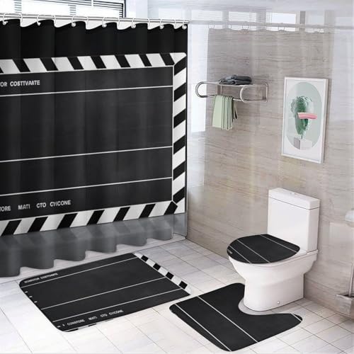 NKJJSTES Duschvorhang-Set mit Duschvorhang und Teppichen und rutschfester U-förmiger Matte, klassischer Film, Schindeln, schwarzer WC-Deckelbezug für Badezimmer von NKJJSTES