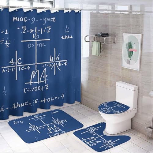 NKJJSTES Duschvorhang-Set mit Duschvorhang und Teppichen und rutschfester U-förmiger Matte, mathematische Formel, WC-Deckelbezug für Badezimmer von NKJJSTES