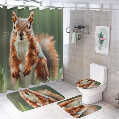 NKJJSTES Duschvorhang-Set mit Duschvorhang und Teppichen und rutschfester U-förmiger Matte, niedliche Eichhörnchen, WC-Deckelbezug für Badezimmer von NKJJSTES