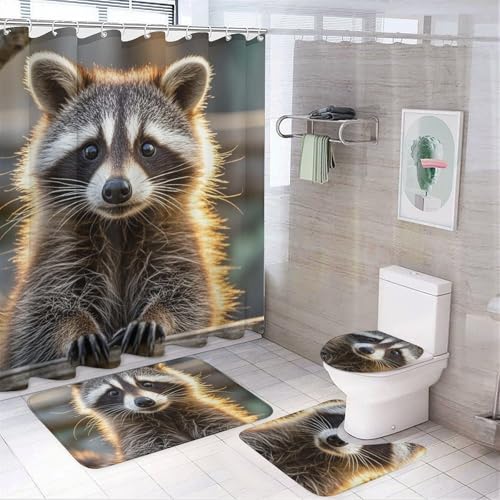 NKJJSTES Duschvorhang-Set mit Duschvorhang und Teppichen und rutschfester U-förmiger Matte, niedlicher Waschbär-WC-Deckelbezug für Badezimmer von NKJJSTES
