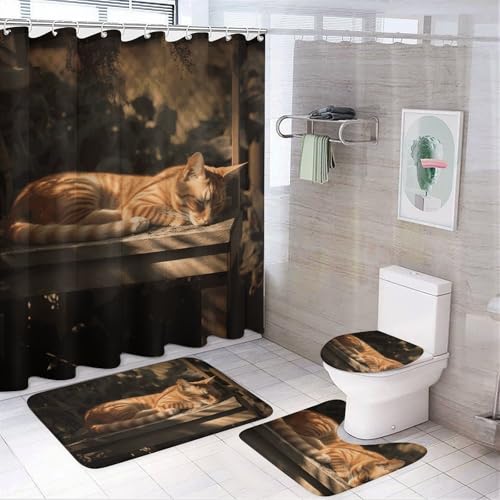 NKJJSTES Duschvorhang-Set mit Duschvorhang und Teppichen und rutschfester U-förmiger Matte, orangefarbene Katze, Schlaf-WC-Deckelbezug für Badezimmer von NKJJSTES