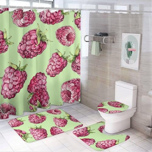 NKJJSTES Duschvorhang-Set mit Duschvorhang und Teppichen und rutschfester U-förmiger Matte, pfirsichfarbenes Himbeer-Muster, WC-Deckelbezug für Badezimmer von NKJJSTES