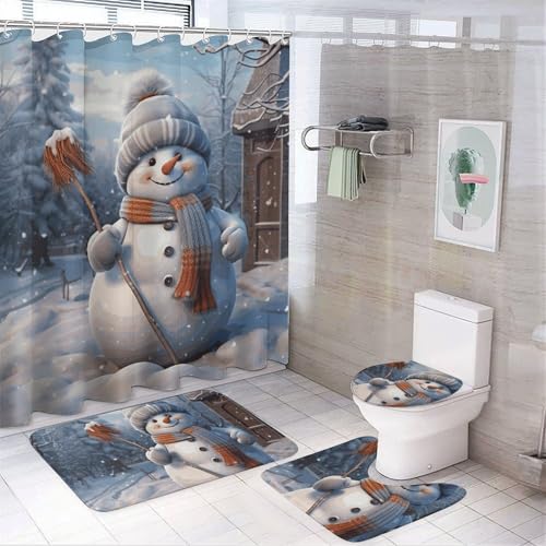 NKJJSTES Duschvorhang-Set mit Duschvorhang und Teppichen und rutschfester U-förmiger Matte, robuster Schneemann, WC-Deckelbezug für Badezimmer von NKJJSTES