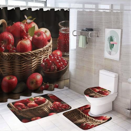 NKJJSTES Duschvorhang-Set mit Duschvorhang und Teppichen und rutschfester U-förmiger Matte, rote Früchte im Korb, WC-Deckelbezug für Badezimmer von NKJJSTES